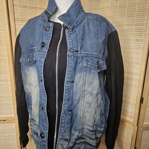 Encrypted Supply Co Denim Jacket Men’s Medium Blue Black Sleeve Button Front 100